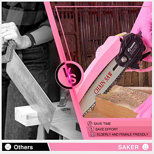 Saker Mini Chainsaw,6 Inch Portable Electric Chainsaw Cordless Pink,Handheld Chain Saw Pruning Shears Chainsaw for Tree Branches,Household and Garden(SAKER MINI CHAINSAW PINK + 2 BATTERIES + 3 CHAINS)