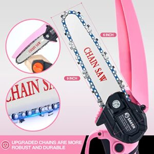 Saker Mini Chainsaw,6 Inch Portable Electric Chainsaw Cordless Pink,Handheld Chain Saw Pruning Shears Chainsaw for Tree Branches,Household and Garden(SAKER MINI CHAINSAW PINK + 2 BATTERIES + 3 CHAINS)