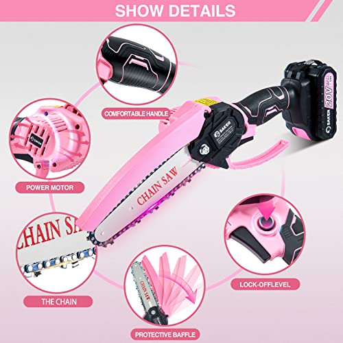 Saker Mini Chainsaw,6 Inch Portable Electric Chainsaw Cordless Pink,Handheld Chain Saw Pruning Shears Chainsaw for Tree Branches,Household and Garden(SAKER MINI CHAINSAW PINK + 2 BATTERIES + 3 CHAINS)