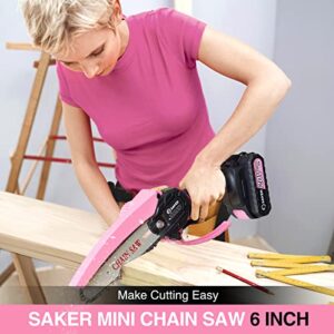 Saker Mini Chainsaw,6 Inch Portable Electric Chainsaw Cordless Pink,Handheld Chain Saw Pruning Shears Chainsaw for Tree Branches,Household and Garden(SAKER MINI CHAINSAW PINK + 2 BATTERIES + 3 CHAINS)