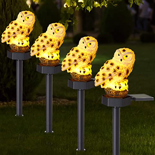 4 Pcs Owl Light Led Solar Outdoor Decorative Waterproof with Stake Garden Decorative Resin Solar Owl Animal Light for Yard Garden Flower Fence Lawn Pathway Walkway Courtyard Gift