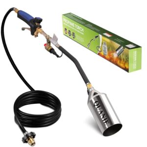 propane torch burner weed torch high output 800,000 btu with 9.8ft hose,heavy duty blow torch with flame control and turbo trigger push button igniter,flamethrower for garden wood ice snow road (blue)