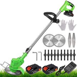 electric cordless weed wacker, 21v battery powered weed eater brush cutter with 3 types blades and 2pcs 2.0ah battery, lightweight grass trimmer edger lawn tool for yard and garden