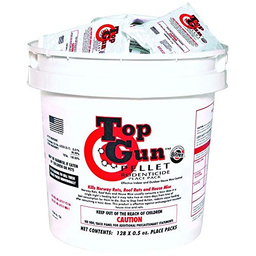 JT Eaton 754 Top Gun Pellet Place Packs Rodenticide Bromethalin Neurological Bait with Stop-Feed Action and Bitrex, For Mice and Rats (Pail of 128)