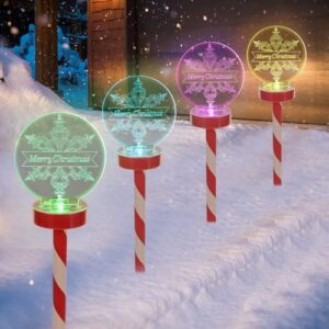 christmas snowflake pathway lights outdoor decoration – 4 pack waterproof solar candy cane stake lights, auto 7 color changing christmas solar pathway lights garden stake for patio yard lawn walkway