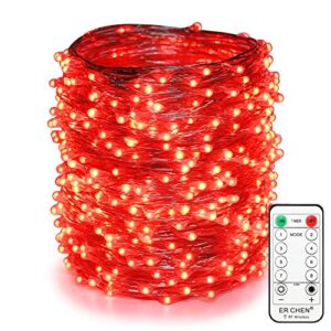 er chen red fairy lights plug in, 66ft 200 led starry string lights dimmable with remote control, waterproof copper wire decorative lights for bedroom, patio, garden, yard, party （red）