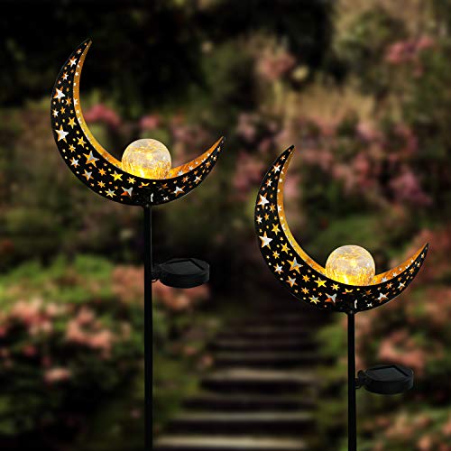 X-PREK 2 Pack Solar Garden Light Outdoor Decorative,Moon Crackle Glass Globe Metal Stake Lights,Waterproof LED Pathway Light for Lawn Patio Yard Decor