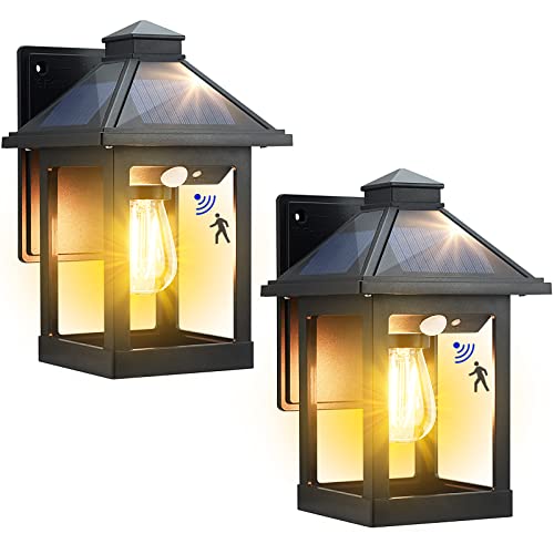 Kuniwa 2 Pack Solar Wall Lantern Lights Outdoor Dusk to Dawn Motion Sensor Waterproof LED Wall Sconce Exterior Porch Light Fixtures Warm White, 3 Lighting Modes for Fence Patio Garage Garden Yard