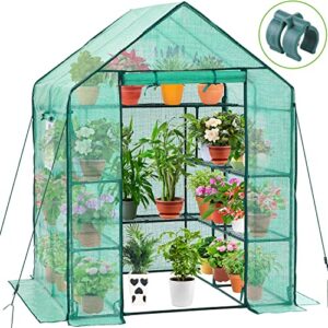 greenhouse for outdoors with screen windows, ohuhu upgraded 4 tiers 11 shelves walk-in greenhouses with durable pe cover, outside garden plastic green house with ground pegs & ropes for stability