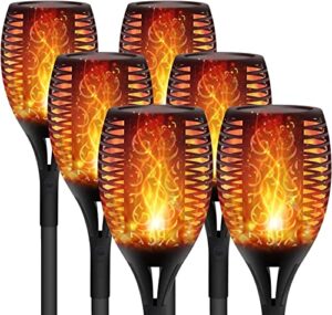 22inch solar tiki torches with flickering flame, auto on/off waterproof solar powered stake lights for garden path landscape patio yard outdoor(6 pack)