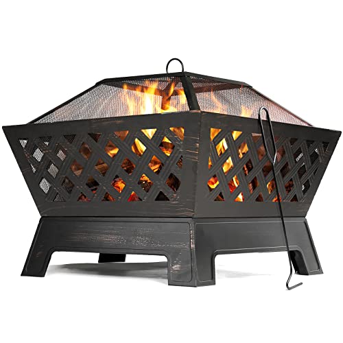 SINGLYFIRE 26 Inch Fire Pits for Outside Square Firepit Outdoor Wood Burning Extra Large Steel Firepit Rectangular Deep Bowl for Patio Backyard Garden with Ash Plate,Spark Screen,Log Grate,Poker