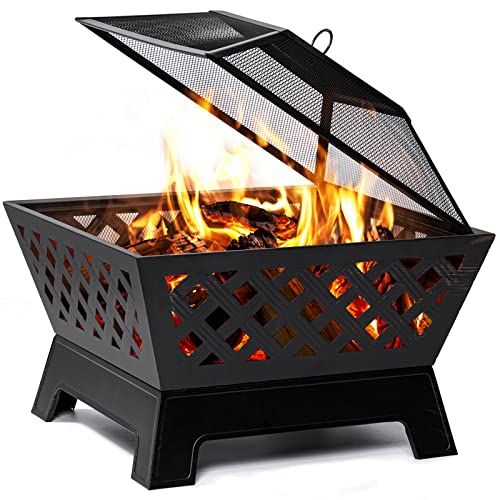 SINGLYFIRE 26 Inch Fire Pits for Outside Square Firepit Outdoor Wood Burning Extra Large Steel Firepit Rectangular Deep Bowl for Patio Backyard Garden with Ash Plate,Spark Screen,Log Grate,Poker