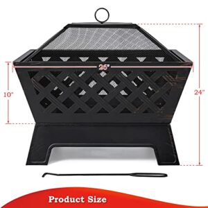 SINGLYFIRE 26 Inch Fire Pits for Outside Square Firepit Outdoor Wood Burning Extra Large Steel Firepit Rectangular Deep Bowl for Patio Backyard Garden with Ash Plate,Spark Screen,Log Grate,Poker