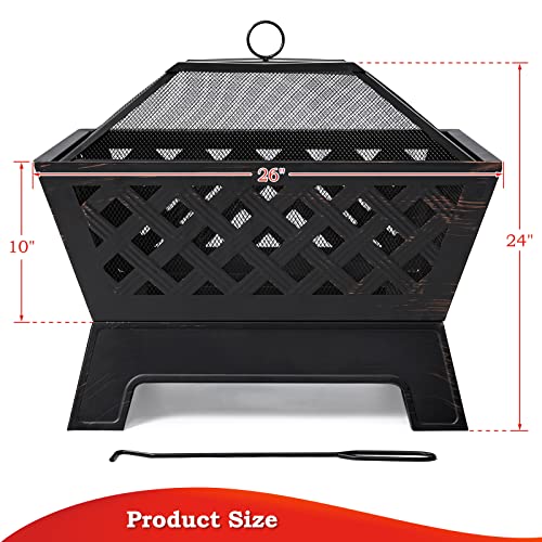 SINGLYFIRE 26 Inch Fire Pits for Outside Square Firepit Outdoor Wood Burning Extra Large Steel Firepit Rectangular Deep Bowl for Patio Backyard Garden with Ash Plate,Spark Screen,Log Grate,Poker