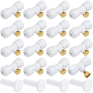 16 pieces brass misting nozzles kit atomizing nozzle kit 0.4 mm orifice 2 points 1/4 inch lock misting nozzles with 4 pieces plug for patio misting system outdoor cooling system garden water