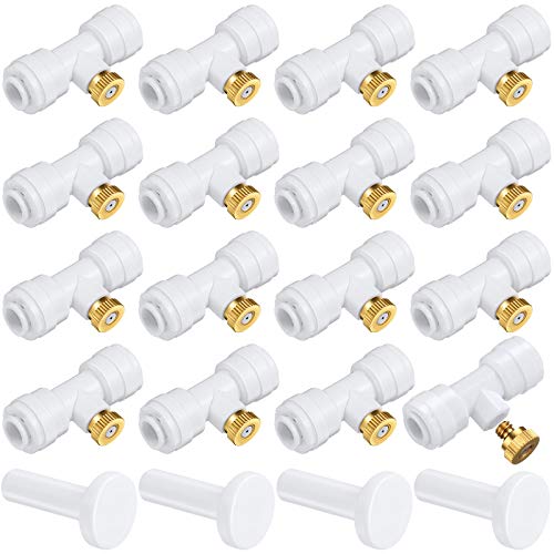 16 Pieces Brass Misting Nozzles Kit Atomizing Nozzle Kit 0.4 mm Orifice 2 Points 1/4 Inch Lock Misting Nozzles with 4 Pieces Plug for Patio Misting System Outdoor Cooling System Garden Water