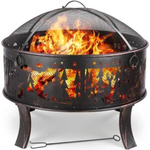 portable fire bowl 27 inch fire pit, outside fire pit, garden fireplace with spark guard, poker & charcoal grate, fire pits for patio camping backyard balcony, elk pattern