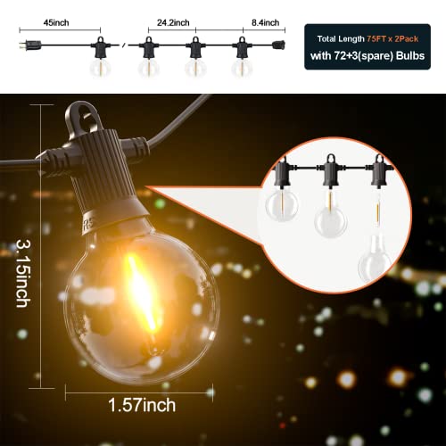 Kawaya String Lights for Outside, 150FT LED Outdoor String Lights Waterproof with 72+3 Shatterproof Edison Plastic Bulbs, Connectable Outdoor Lights for Patio Garden Bistro Backyard Party Gazebo