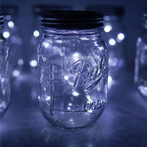 6 Pack Mason Jar Lights, 20 LED Solar Cold White Fairy String Lights Lids Insert for Garden Deck Patio Party Wedding Christmas Decorative Lighting Fit for Regular Mouth Jars