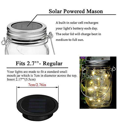 6 Pack Mason Jar Lights, 20 LED Solar Cold White Fairy String Lights Lids Insert for Garden Deck Patio Party Wedding Christmas Decorative Lighting Fit for Regular Mouth Jars