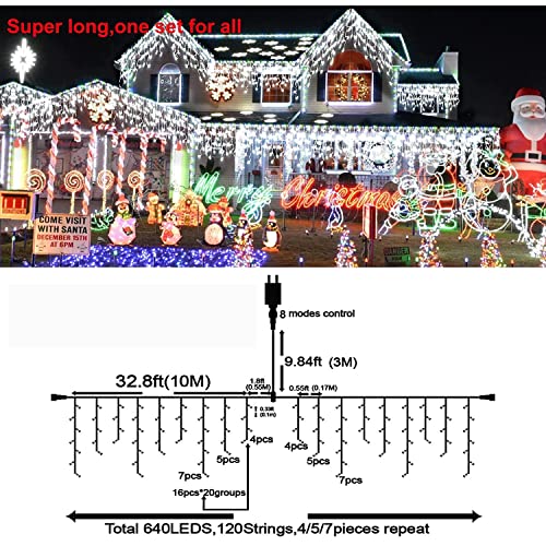 Maojia LED Christmas Lights Decorations Outdoor - 66Ft 640 LEDs 8 Modes Curtain Fairy Lights with 120 Drops, Waterproof LED String Lights for Holiday Wedding Party Garden Decorations, Cold White