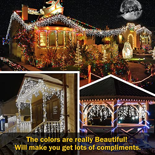 Maojia LED Christmas Lights Decorations Outdoor - 66Ft 640 LEDs 8 Modes Curtain Fairy Lights with 120 Drops, Waterproof LED String Lights for Holiday Wedding Party Garden Decorations, Cold White