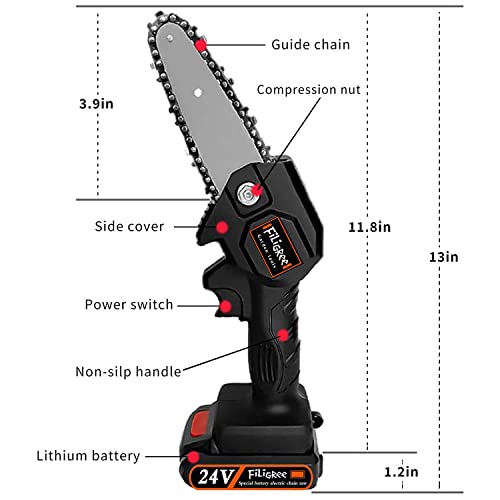 Mini Chainsaw Cordless, 4 Inch Electric Portable Mini Chain Saw with 2Pcs Rechargeable Battery and 2Pcs Chain, 0.7kg Lightweight Handheld Chainsaw for Tree Branch Wood Cutting