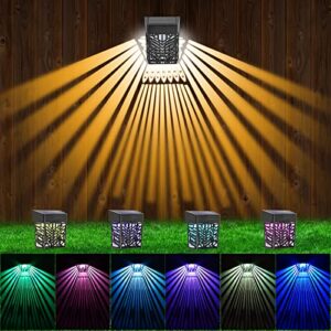 seekmorely solar lights for fence, 4 pack solar wall lights outdoor with 2 mode rgb/warm white, color glow lights outdoor solar, waterproof solar decorative lights for for yard, post, garden, patio