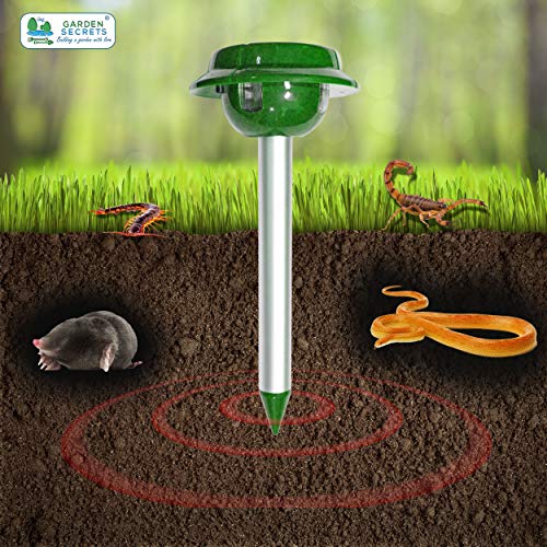 GARDEN SECRETS (2 Pack) Professional Solar Mole & Snake Repellent. Gopher Vole Snake Scorpion etc Deterrent. Keep Underground Creatures Away from Your Property Within 2-4 Weeks. Year Full Warranty!