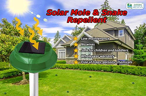 GARDEN SECRETS (2 Pack) Professional Solar Mole & Snake Repellent. Gopher Vole Snake Scorpion etc Deterrent. Keep Underground Creatures Away from Your Property Within 2-4 Weeks. Year Full Warranty!