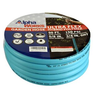 alphaworks garden water hose 5/8″ inch x 50′ foot heavy duty premium commercial ultra flex hybrid polymer lead-in hose max pressure 150 psi/10 bar with 3/4″ ght fittings