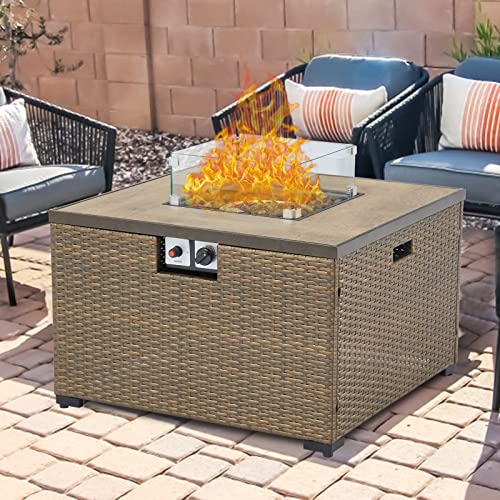 Kinsunny 32 inch Propane Fire Pit - Outdoor Patio Square PE Rattan Wicker Gas Fire Table(40,000 BTU),with Free Lava Rocks & Glass Wind Guard for Garden, Lawn