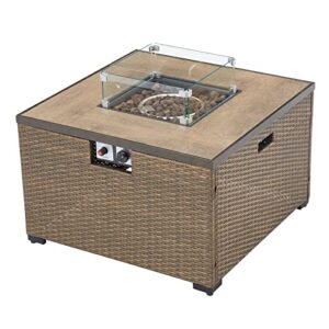 Kinsunny 32 inch Propane Fire Pit - Outdoor Patio Square PE Rattan Wicker Gas Fire Table(40,000 BTU),with Free Lava Rocks & Glass Wind Guard for Garden, Lawn