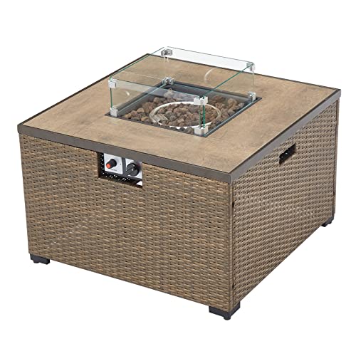 Kinsunny 32 inch Propane Fire Pit - Outdoor Patio Square PE Rattan Wicker Gas Fire Table(40,000 BTU),with Free Lava Rocks & Glass Wind Guard for Garden, Lawn