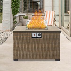 Kinsunny 32 inch Propane Fire Pit - Outdoor Patio Square PE Rattan Wicker Gas Fire Table(40,000 BTU),with Free Lava Rocks & Glass Wind Guard for Garden, Lawn