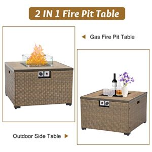 Kinsunny 32 inch Propane Fire Pit - Outdoor Patio Square PE Rattan Wicker Gas Fire Table(40,000 BTU),with Free Lava Rocks & Glass Wind Guard for Garden, Lawn