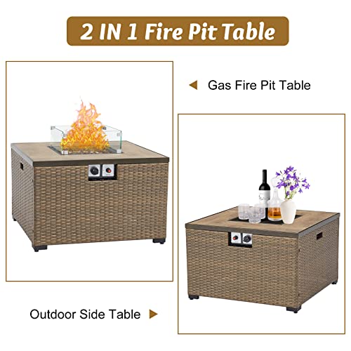 Kinsunny 32 inch Propane Fire Pit - Outdoor Patio Square PE Rattan Wicker Gas Fire Table(40,000 BTU),with Free Lava Rocks & Glass Wind Guard for Garden, Lawn