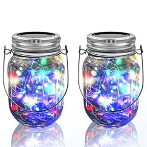 Hanging Solar Mason Jar Lights,ZQX 2 Pack 20 Led String Hanging Mason Jar Lanterns for Outdoor,Great Decor Light for Outside Patio Garden Yard Fence Wedding Table,Hangers and Jars Included（Multicolor）