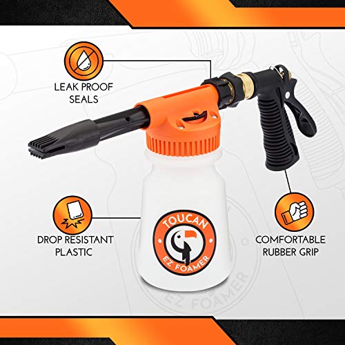 TOUCAN AUTO EZ FOAMER Car Wash Kit! Spray Foam Cannon Pressure Washer Accessories for Garden Hose. Adjustable Mix Head, Car Foam Gun, Brass Hose Quick Connect, Crack-Proof Soap Bottle and Attachments