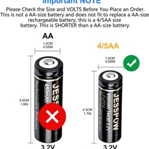 JESSPOW 14430 Battery, 14430 3.2V 450mAh LiFePo4 Rechargeable Solar Batteries 4 Pack for for Solar Panel Outdoor Garden Lights, Solar Panel Light, Tooth Brush, Shaver, Flashlight (NOT AA Battery)