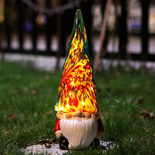 REYISO 11.4'' Solar Gnomes Garden Statues, Outdoor Garden Decor,Garden Gnomes Figurine Lights,Solar Resin Garden Statues Warm White Lights, Gnomes Decorations for Yard