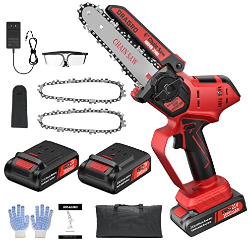 6-inch Mini Chainsaw Cordless, Battery Powered Electric Chainsaw Cordless, Handheld Chainsaw with 2Pcs 21V 2.0Ah Batteries, Portable Small Chainsaw for Tree Trimming Branch Pruning and Wood Cutting