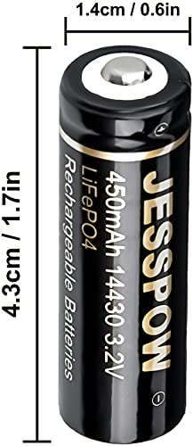 JESSPOW 14430 3.2 Volt Rechargeable Solar Battery with Charger, Rechargeable LiFePo4 Batteries [ 450mAh 3.2V 8Pack ] for Outdoor Garden Light, Solar Panel Light, Shaver, Flashlight (NOT AA Battery)