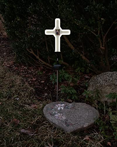 Touch Of ECO Solar Neon Memorial Cross Outdoor Garden Stake Light w/ Personalized Picture Frame - Honor Pets, Humans, Graves Cemetery Decorations Markers, Cool White, (TOE401)