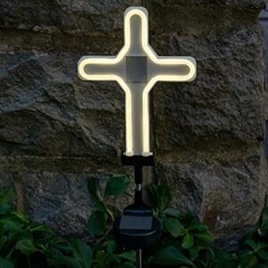 Touch Of ECO Solar Neon Memorial Cross Outdoor Garden Stake Light w/ Personalized Picture Frame - Honor Pets, Humans, Graves Cemetery Decorations Markers, Cool White, (TOE401)