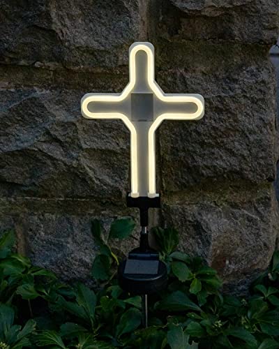 Touch Of ECO Solar Neon Memorial Cross Outdoor Garden Stake Light w/ Personalized Picture Frame - Honor Pets, Humans, Graves Cemetery Decorations Markers, Cool White, (TOE401)