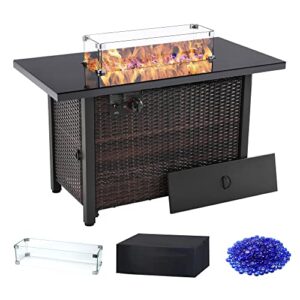 outdoor propane gas fire pit table, 43 inch 50,000 btu auto-ignition propane fire pit table, csa approved with glass wind guard, waterproof cover, lava stone for outdoor garden/patio.
