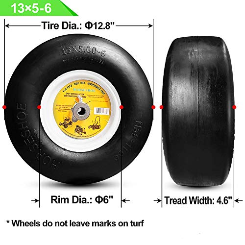 HORSESHOE New 13x5.00-6 Flat Free Smooth Tire w/Steel Wheel for Residential Riding Lawn Mower (Deck 36"-46") Garden Tractor -hub Length 3.25"-5.9" - Bore ID 5/8" 135006 (2)