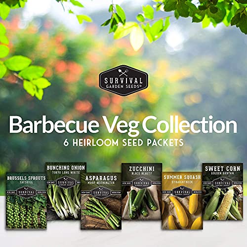 Survival Garden Seeds - Barbecue Vegetables Collection Seed Vault for Planting - Asparagus, Brussels Sprouts, Green Onion, Zucchini, Yellow Squash, & Sweet Corn Packs - Non-GMO Heirloom Varieties