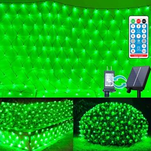 11.5ft x 5ft solar green net lights st patricks day decorations, 240led outdoor mesh lights waterproof 8 mode with remote 2 power supply string lights for bushes trees garden wall patio indoor decor